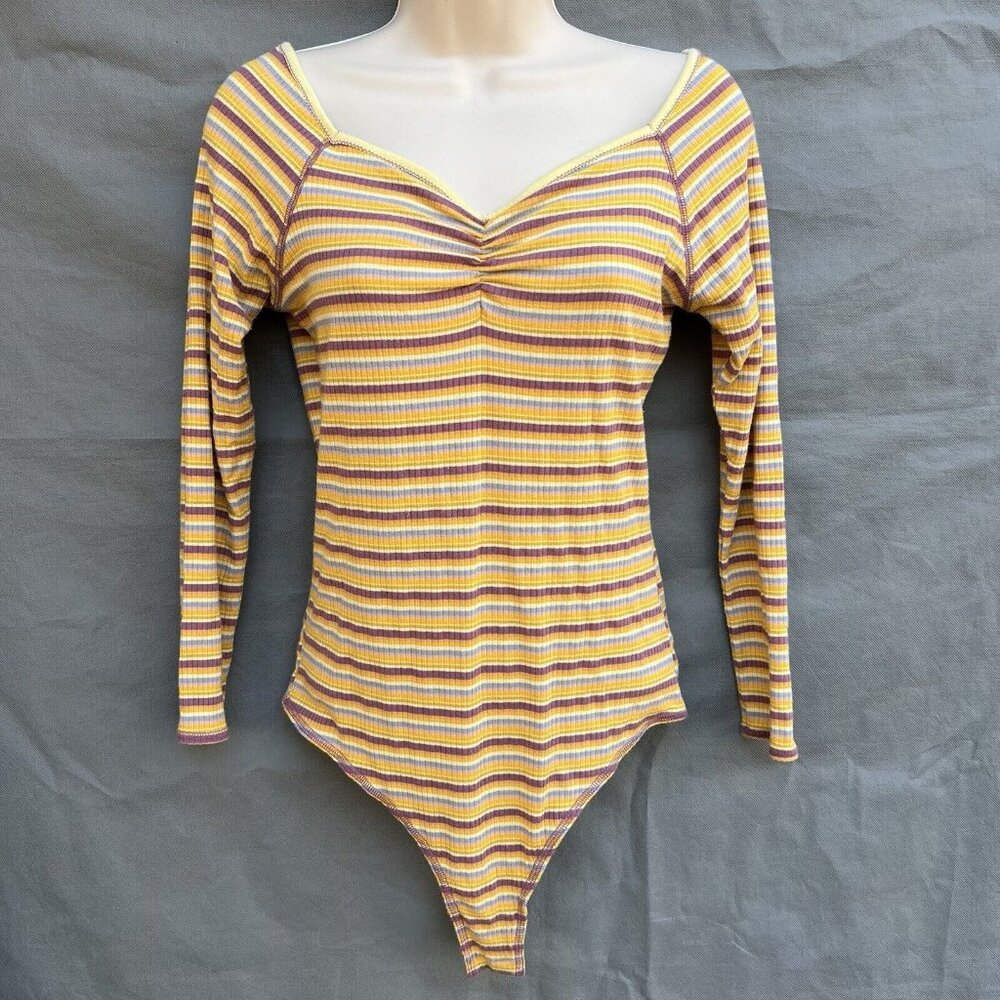 Free People Intimately Put a Stripe On It Yellow Long Sleeve Bodysuit Sz M